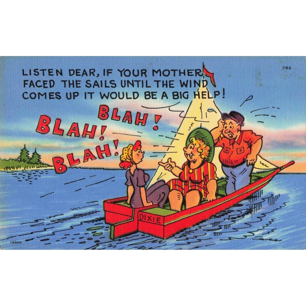 Vtg Linen Postcard Tichnor Sailing Comic Mother-in-Law Dixie Boat #782 - Picture 1 of 2